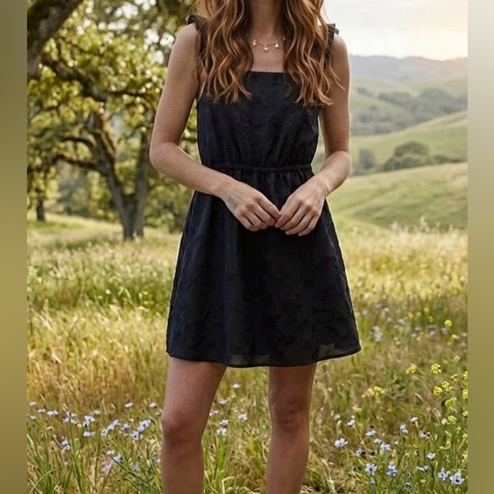 Madewell black mini dress ruffle sleeve square neck, beach, summer, boho, small